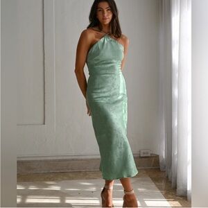 Halter Satin Midi Dress in Mint Green